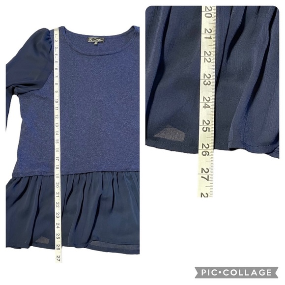 DG2 by Diane Gilman Navy Blue Blouson Chiffon Sleeve Peplum Blouse - Sz M - Picture 14 of 15